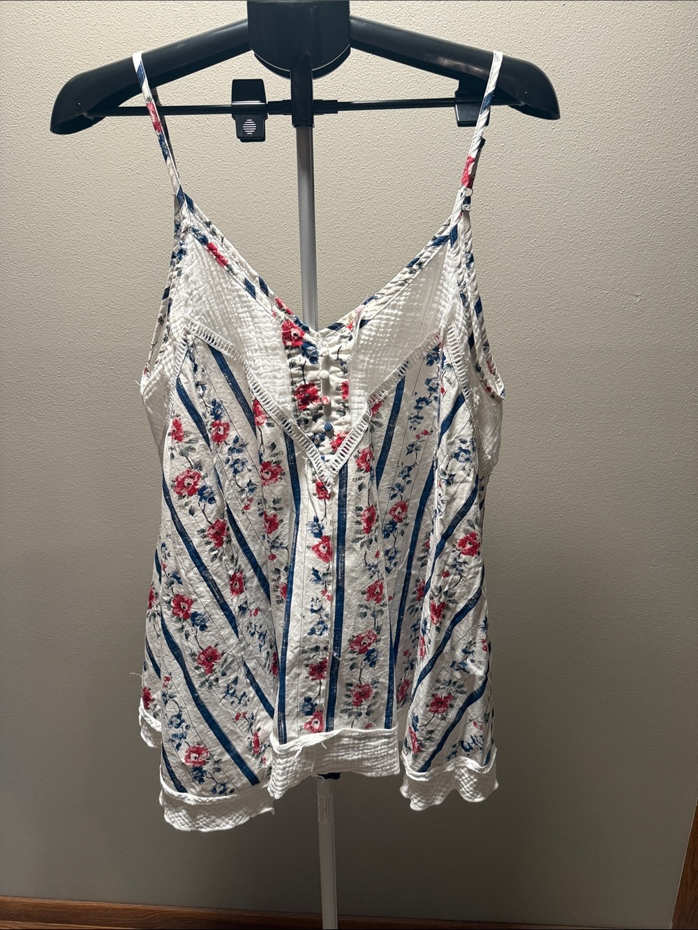 POL White Floral Stripe Lace-Trim Cami